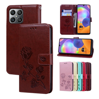 Rose-embossed leather phone case, brown folio with rose pattern and card holder