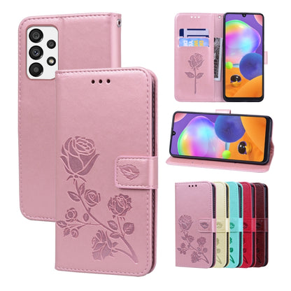 Rose-embossed leather-style phone case with rose-and-leaf motif, pink flip cover