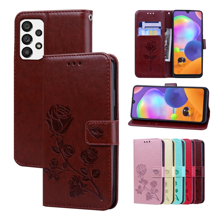 Rose-embossed leather-style phone case with leaf roses, dark brown wallet-style flap