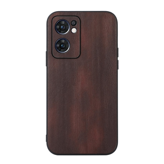 Textured PU phone case in dark brown with camera cutout and raised bezel protection