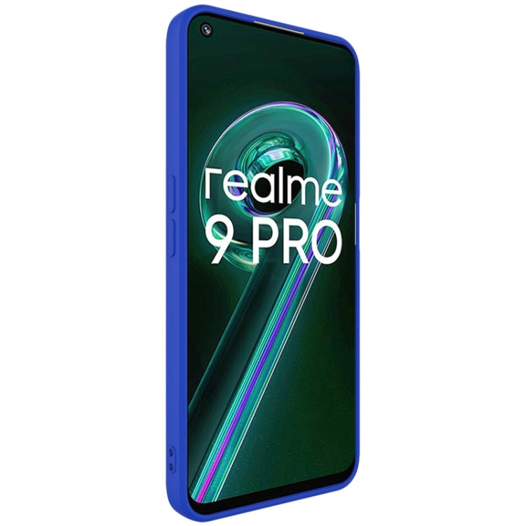 Blue TPU phone case front view with camera cutout and raised bezel