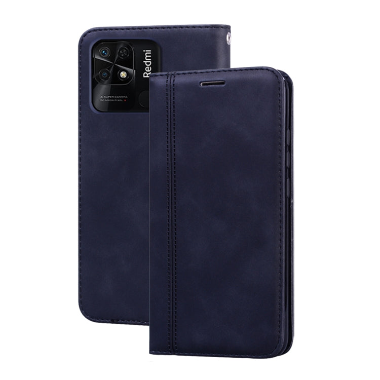 Dark blue magnetic flip leather phone case with front flap and stitched border