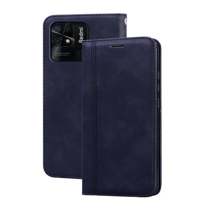 Dark blue magnetic flip leather phone case with front flap and stitched border