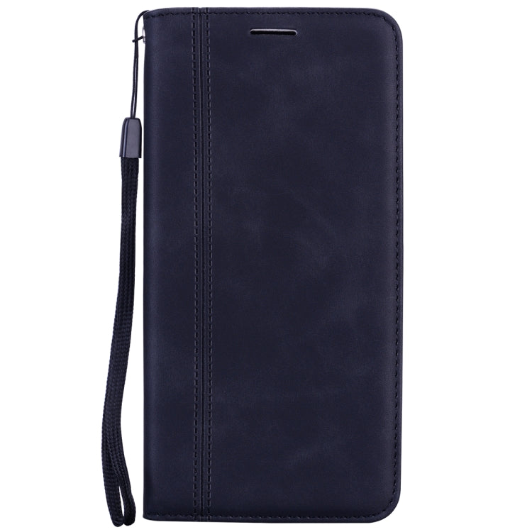 Dark blue magnetic flip leather phone case with wrist strap and top cutout