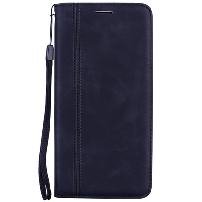 Dark blue magnetic flip leather phone case with wrist strap and top cutout