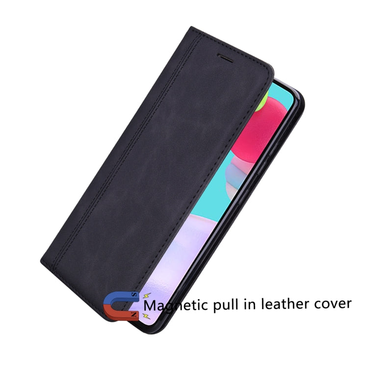 Dark blue leather flip phone case with magnetic pull tab and stitched seams