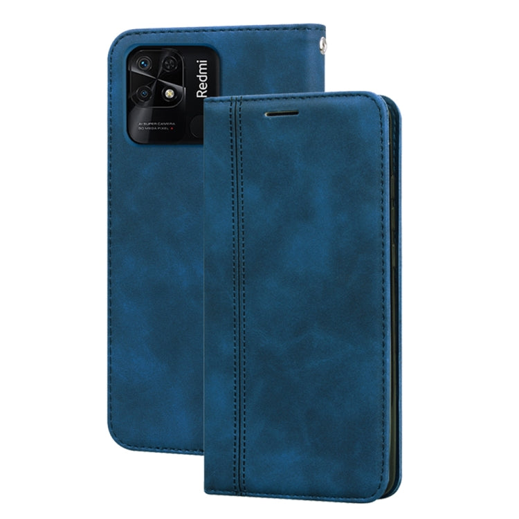 Blue magnetic flip leather phone case with camera cutout and front flap