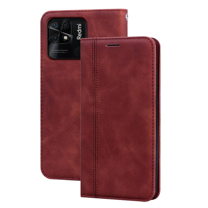 Magnetic flip leather phone case with front cover and stitched edges, maroon-brown