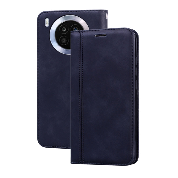 Magnetic flip leather phone case with front cover and stitched edges, dark navy blue