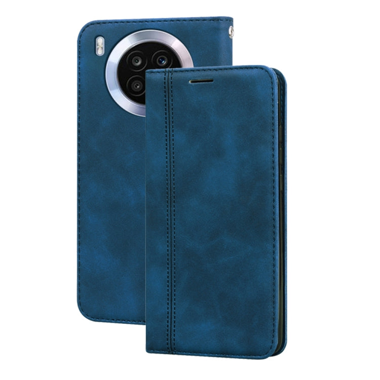 Magnetic flip leather phone case with front cover and stitched edges, teal blue