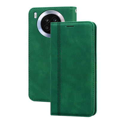 Magnetic flip leather phone case with front cover and stitched edges, green