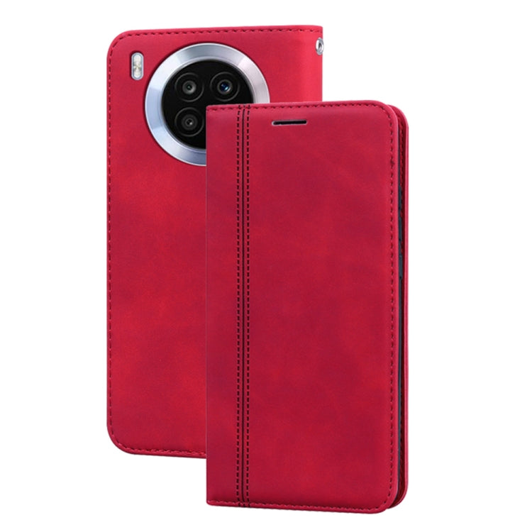 Magnetic flip leather phone case with front cover and stitched edges, red