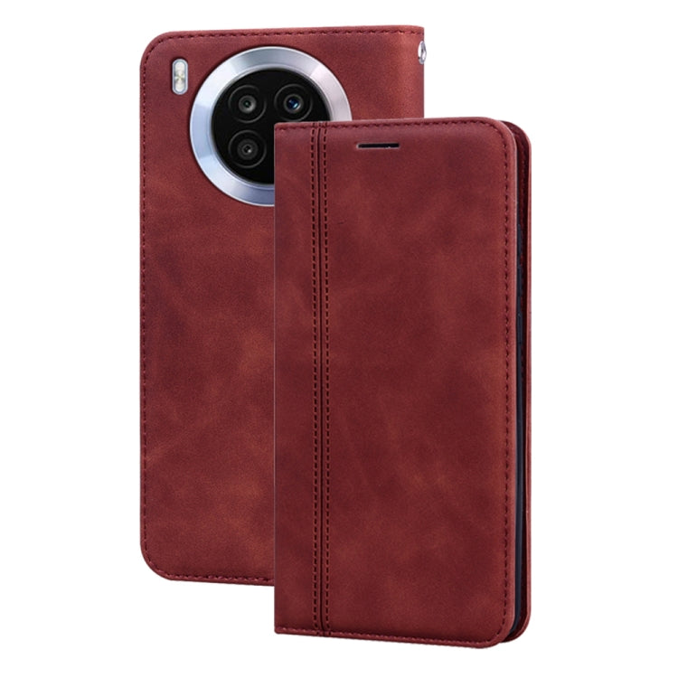 Magnetic flip leather phone case with front cover and stitched edges, brown