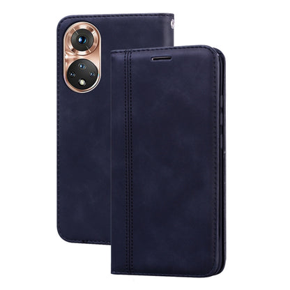 Magnetic flip leather phone case with front cover and stitched edges, dark blue