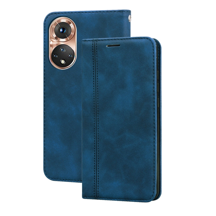 Magnetic flip leather phone case with front cover and stitched edges, medium blue