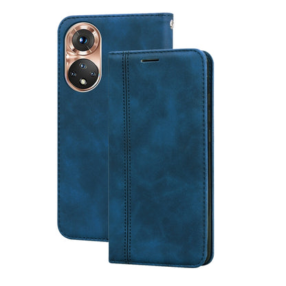 Magnetic flip leather phone case with front cover and stitched edges, medium blue
