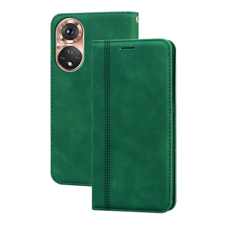 Magnetic flip leather phone case with front cover and stitched edges, bright green