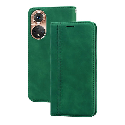 Magnetic flip leather phone case with front cover and stitched edges, bright green
