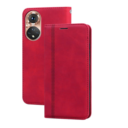 Magnetic flip leather phone case with front cover and stitched edges, red