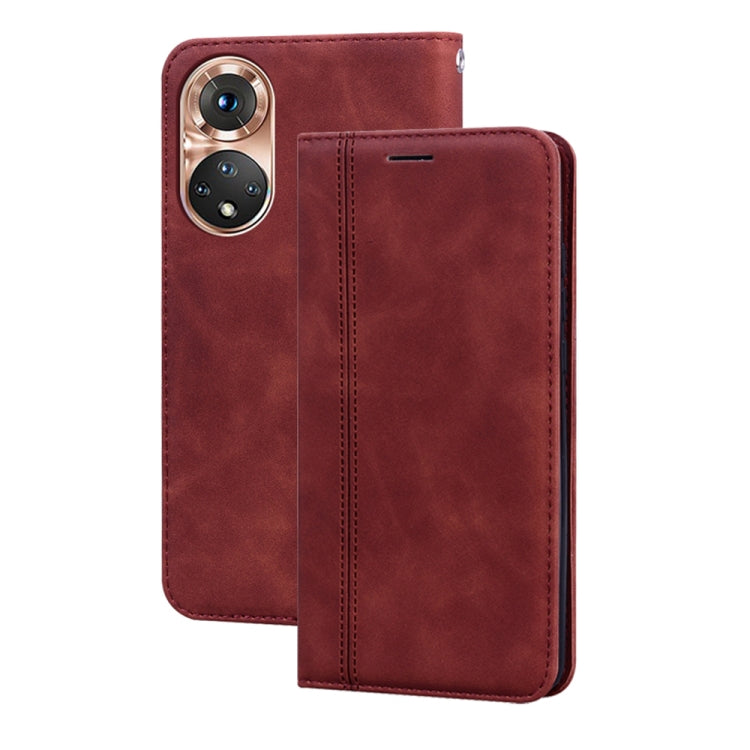 Magnetic flip phone case, burgundy faux leather with card slot and camera cutouts.