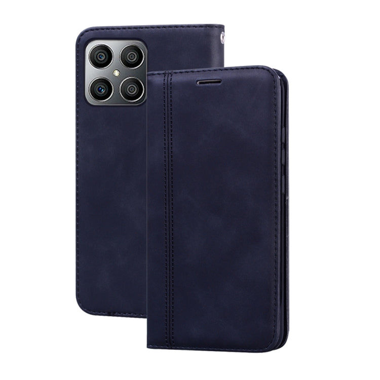 Magnetic flip phone case, dark blue faux leather with card slot and camera cutouts.
