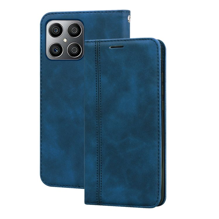Magnetic flip phone case, blue faux leather with card slot and camera cutouts.