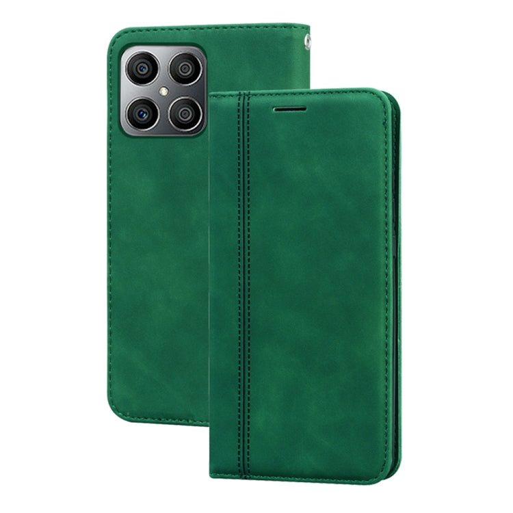 Magnetic flip phone case, green faux leather with card slot and camera cutouts.