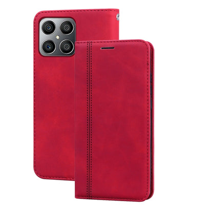 Magnetic flip phone case, red faux leather with card slot and camera cutouts.