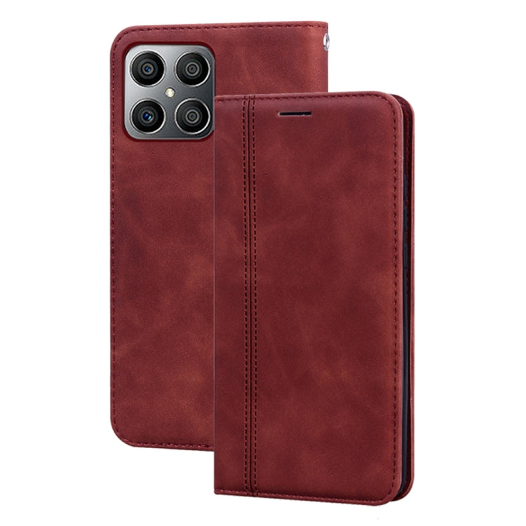 Magnetic flip phone case, burgundy faux leather with card slot and camera cutouts.