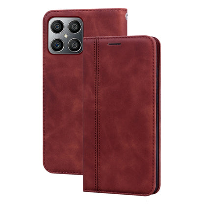 Magnetic flip phone case, burgundy faux leather with card slot and camera cutouts.