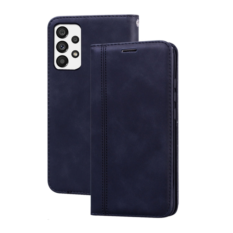 Magnetic flip phone case, dark blue faux leather with card slot and camera cutouts.