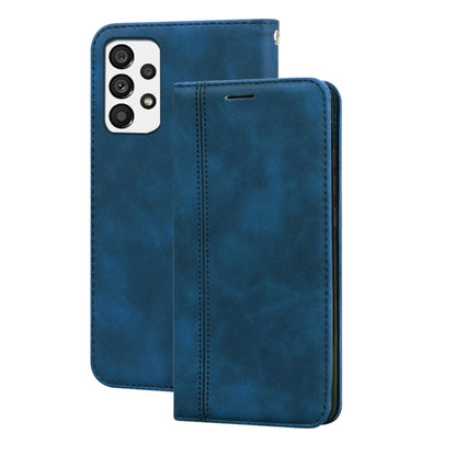 Magnetic flip phone case, blue faux leather with card slot and camera cutouts.