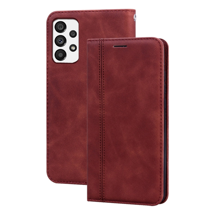 Red magnetic flip leather phone case with front card slot and stitched edges.