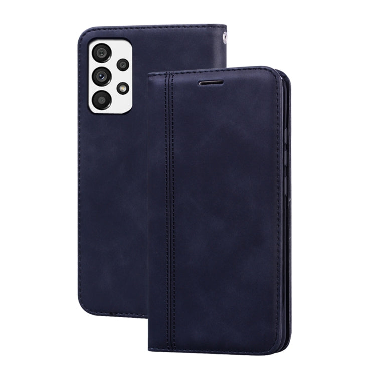 Navy magnetic flip leather phone case with front card slot and stitched trim.