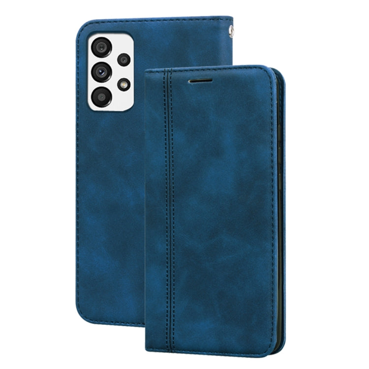 Blue magnetic flip leather phone case with front card slot and stitched edges.