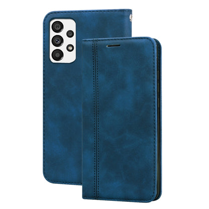 Blue magnetic flip leather phone case with front card slot and stitched edges.