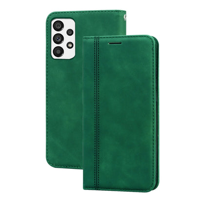 Green magnetic flip leather phone case with front card slot and stitched trim.