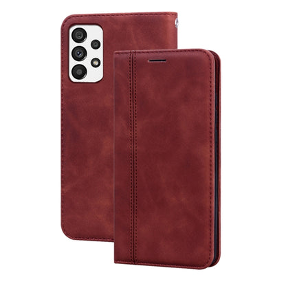 Burgundy magnetic flip leather phone case with front card slot and stitched seams.