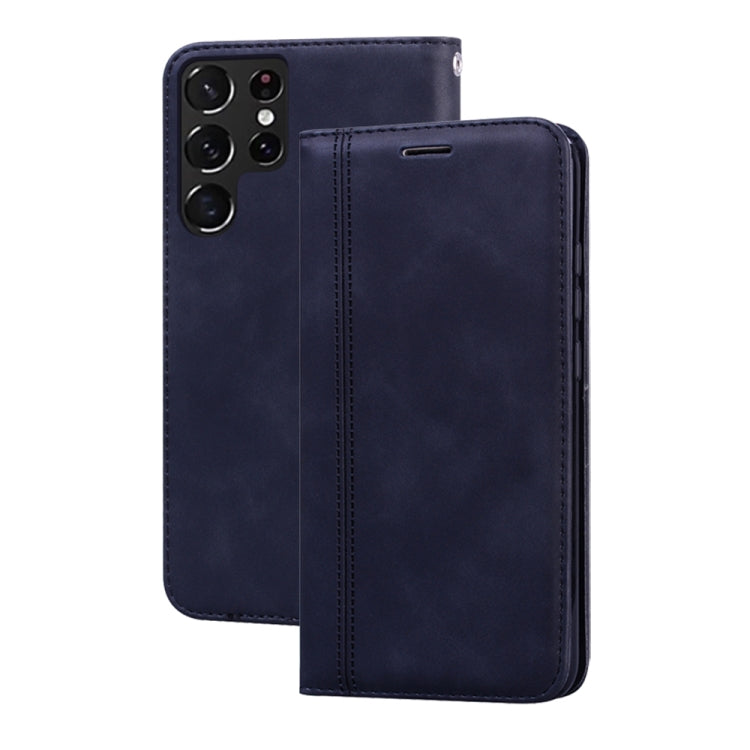Dark navy magnetic flip leather phone case with front card slot and camera openings.