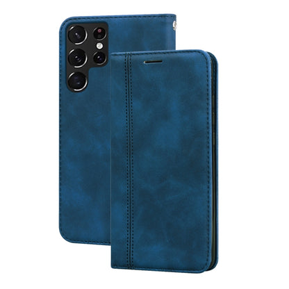 Teal blue magnetic flip leather phone case with front card slot and stitched edges.