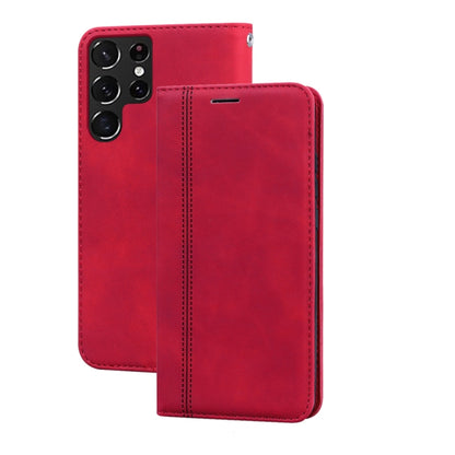 Red magnetic flip leather phone case with front card slot and camera cutouts.