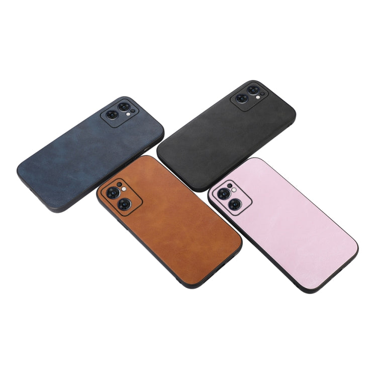 Cowhide-texture PU phone cases in blue, black, brown, and pink, with camera openings
