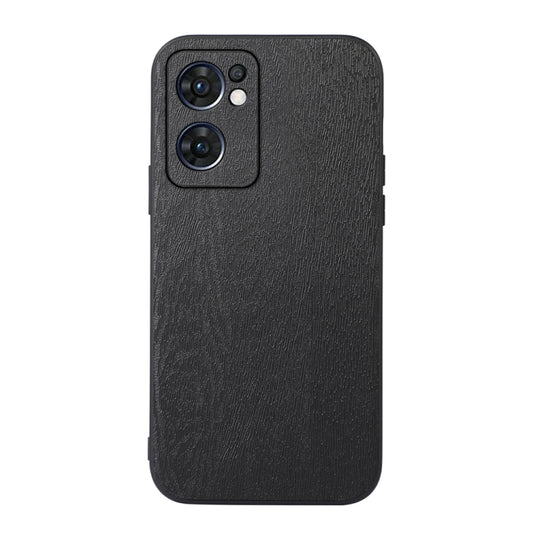 Wood-texture PU phone case in black, with raised camera cutout and card-style edge