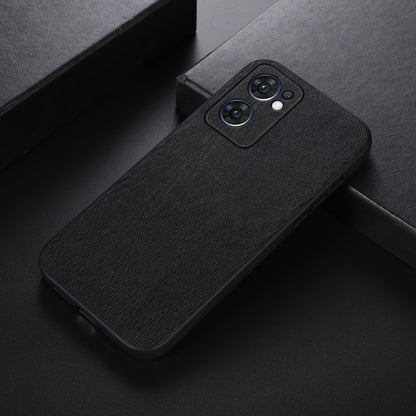 Wood-texture PU phone case in black, side view with dual camera cutouts