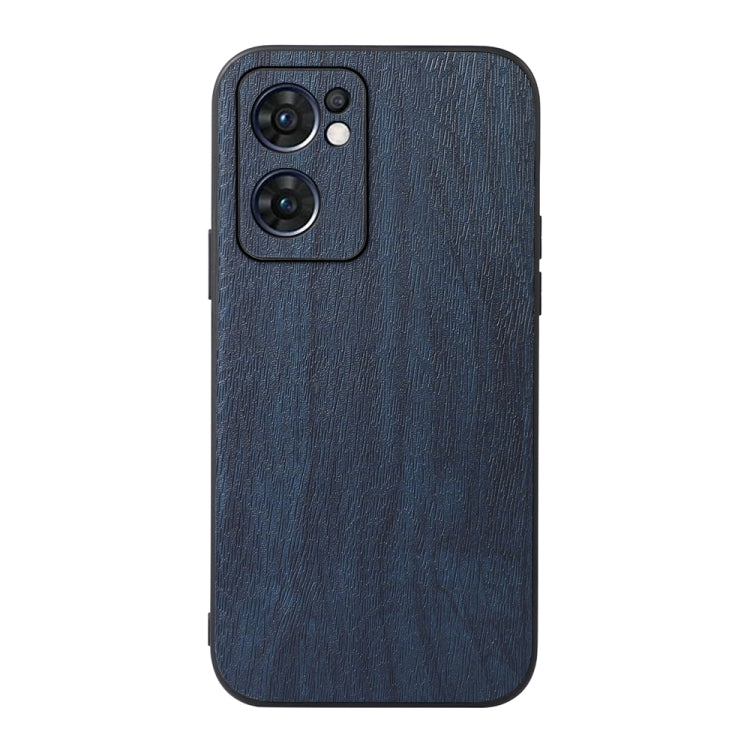Wood-texture PU phone case in blue, back view with raised camera cutout
