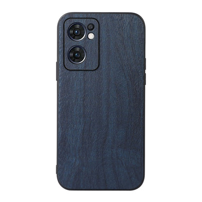 Wood-texture PU phone case in blue, back view with raised camera cutout