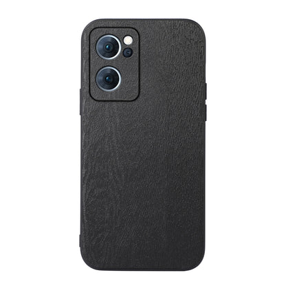 Wood-texture PU phone case in black, single back view with camera module cover