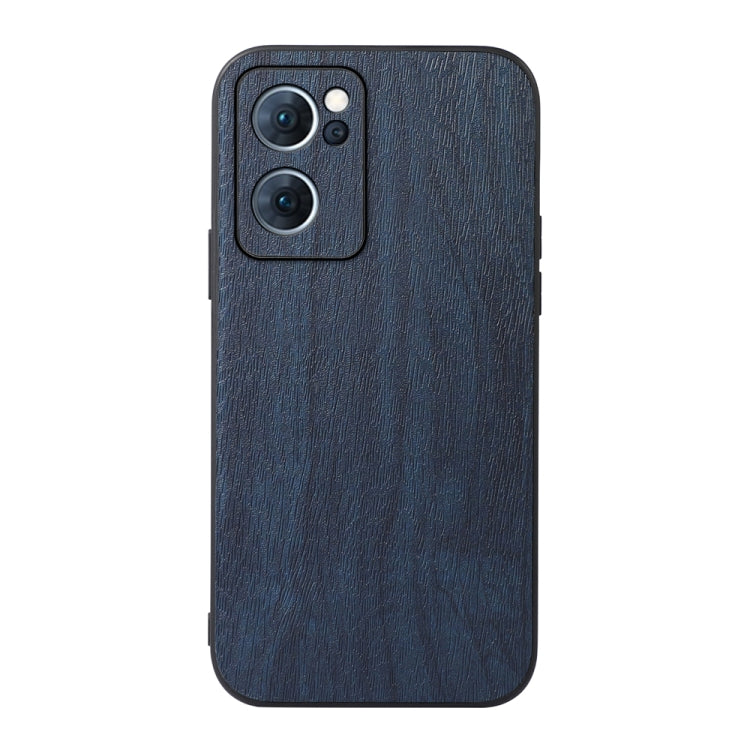 Wood-texture PU phone case in blue, front-facing back with triple camera opening