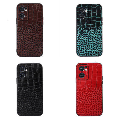 Color options of crocodile-texture leather phone cases: brown, cyan blue, black, and red