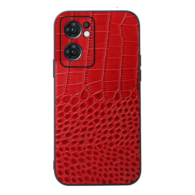 Red crocodile-texture genuine leather phone case with dual camera and flash cutouts